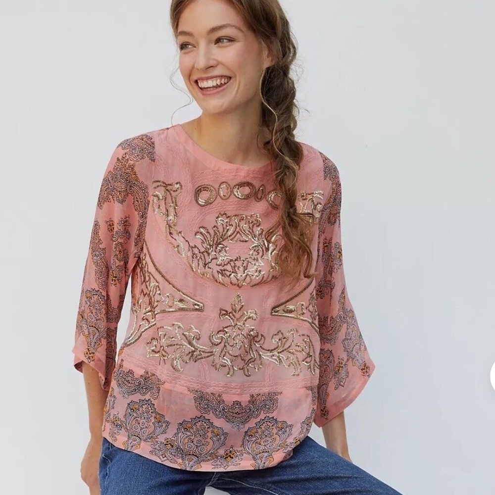 Anthro peach sheer top with gold sequin embroidery